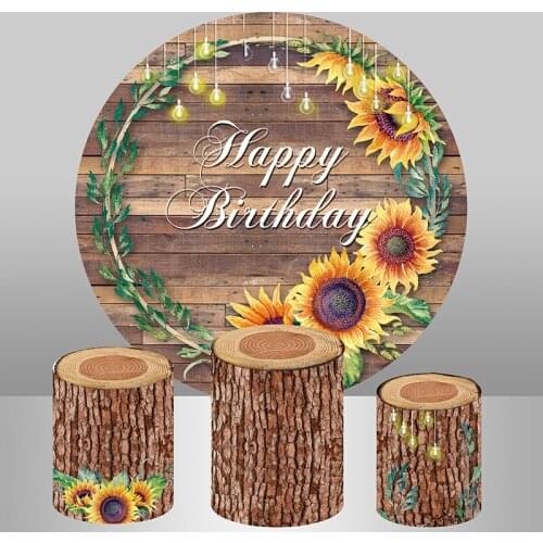 Rustic Wood Round Background Custom Happy Birthday Party Decor Sunflower Baby Shower Circle Backdrop Plinth Cover Elastic
