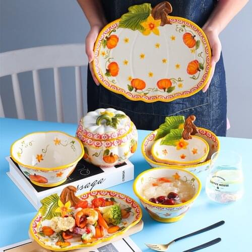 European Ceramic Pumpkin Noodle Soup Dessert Bowl Household Dinner Steak Plate Creative Irregular Fruit Salad Dish Tableware