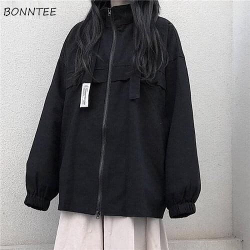Basic Jackets Women Black Patch-design Stand Collar Korean Style Simple Harajuku High Street Students Female Coats Boyfriend New