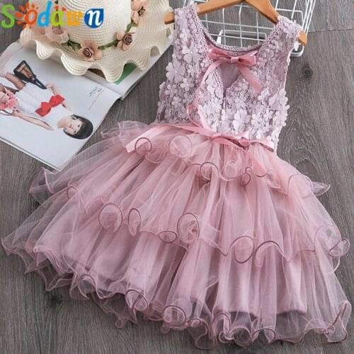 Sodawn Summer Toddler Girls Lace Cake Dress Kids Sleeveless Floral Mesh Wedding Dresses Children Clothing For Baby Girls 3 to 8