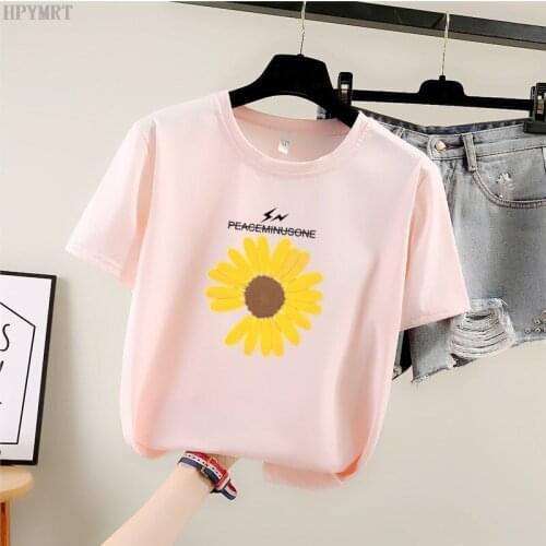 Summer womens new small daisy printed T-shirt Korean version of loose female T shirt fashion casual large size tops pink Tshirt
