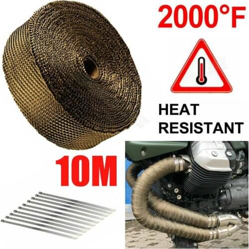 Mayitr 1pc Exhaust Heat Wrap Roll Tape Fiberglass Wrap Tape Titanium Gold 10M x 5cm With 10 Stainless Ties Accessories