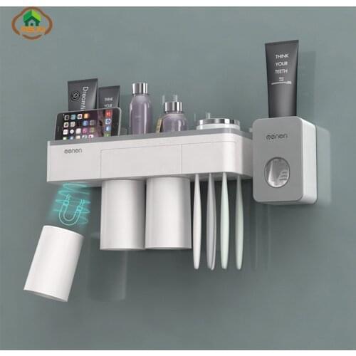 MSJO Toothbrush Holder Automatic Toothpaste Dispenser Magnetic Adsorption Inverted Phone Storage Decor Bathroom Accessories Set