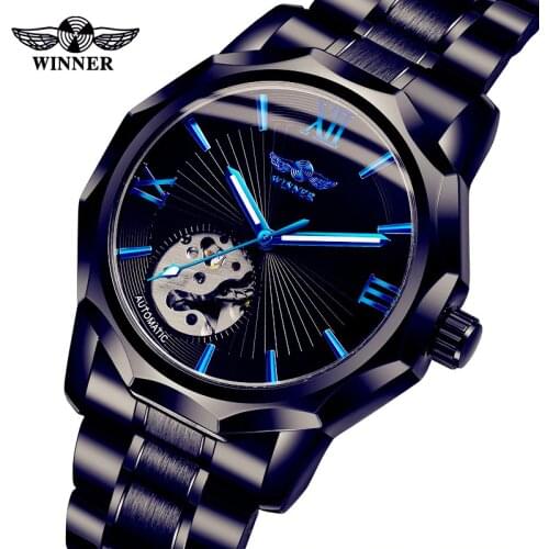 Winner Top Brand Blue 3D Design Transparent Skeleton Dial Hollow Mens Watch Luxury Automatic Fashion Mechanical wrist watch
