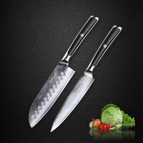 Sunnecko 2pcs Utility Santoku Damascus Knife Set 73 Layers Japanese VG10 Core Steel Blade Kitchen Knives G10 Handle Meat Cutter