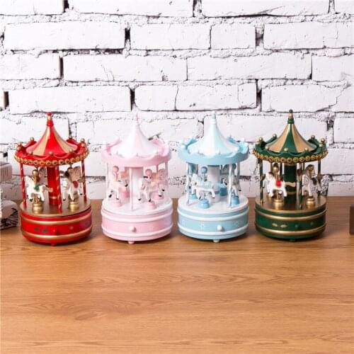 New Wooden Carousel 4 Horse Merry-Go-Round Wind-Up Mechanical Music Box Type 3