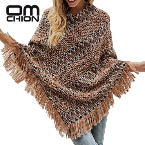 OMCHION Pull Femme 2021 Winter New Style V Neck Bohemian Cloak Sweater Casual Loose Stripe Tassel Oversized Poncho Womens Coat