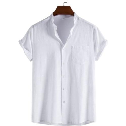 Mens Shirt Summer Solid Short Sleeve Button Pocket Stand Collar Shirt Cotton-Linen White Shirt Coat Plus Size Beach Shirts