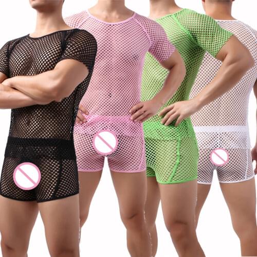 Sexy Male Undershirts See Through Mesh Shirt Men Underwear Set Fitness Tops Transparent Boxer Shorts Underpants Mens Clothes Set