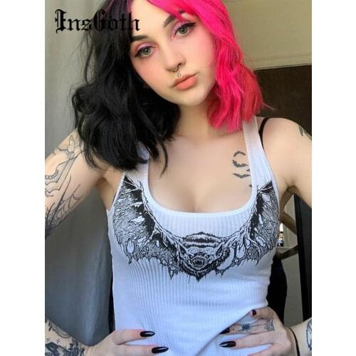 InsGoth Sexy White Tank Tops Women Harajuku Gothic Bat Print Bodycon Sleeveless Crop Tank Tops Female Casual Slim Camis
