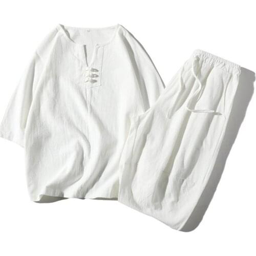 Traditional Chinese Style Clothing Loose Linen Breathable 3/4 Sleeve Tang Suit Hanfu Men Top+Pant Set Oriental Costume