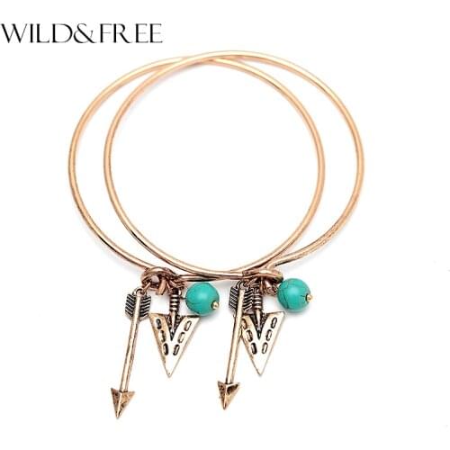 Vintage 2PCS Arrow Bangle Set Bohemian Gold Blue Stone Pendant Round Circle Arm Bracelets For Women Wholesale Jewelry