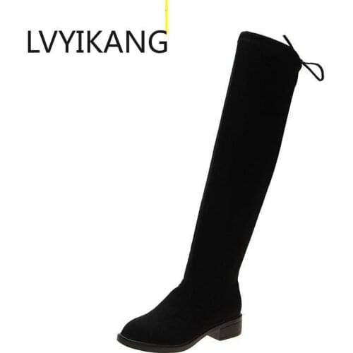 High Heels Boots Women Stretch Flock Boot Female Round Toe Over The Knee Shoes Ladies Cross Tied Shoes Winter 2020 New 35-44