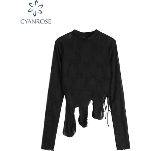 Womens Irregular Crop Top T Shirt Summer New Streetwear Cotton Chic T shirts 2021 O Neck Long Sleeve Casual Female Tee Shirts