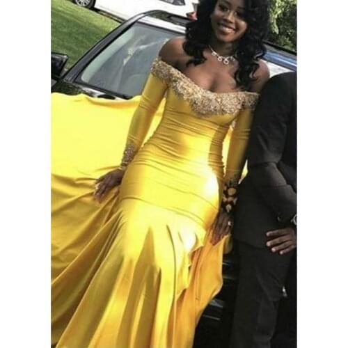 New Long Sleeve Mermaid Prom Dresses 2021 Off The Shoulder Sweep Strain Lace Applique Beading Formal Yellow Evening Dress