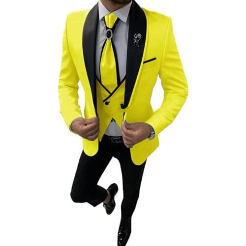 2020 New Dress Wear Custom Made Mens Suits for MenYellow With Black Lapel Suits Slim Groom Custom 3 Piece Set(Jacket+Pants+Vest)