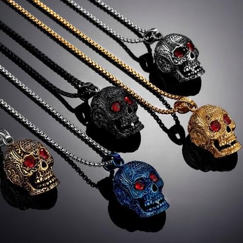 MIQIAO Stainless Steel Titanium Skull Red Evil Eyes Zircon Carved Punk Pendant Collar Chains Necklace for Men Women Jewelry Retr