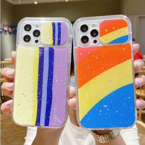 Fashion Rainbow Stripe Phone Case for iPhone 13 12 11 Pro Max SE 2020 XR XS 7 8 Plus Camera Protection Shockproof Glitter Cover