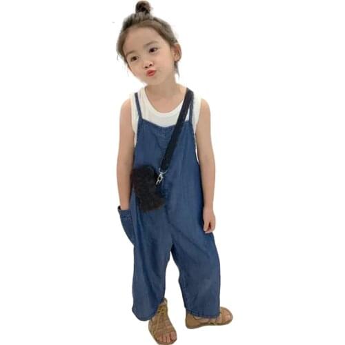 Kids Back To School Overalls Age For 2 - 8 Years Baby Girls 2021 New Spring Summer Children Clothes Casual Loose Blue Pants