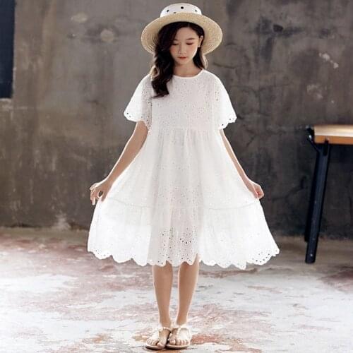Children Girls Summer White Embroidery Cotton Dress 8 10 12 years Loose Soft Teen Girls Clothes