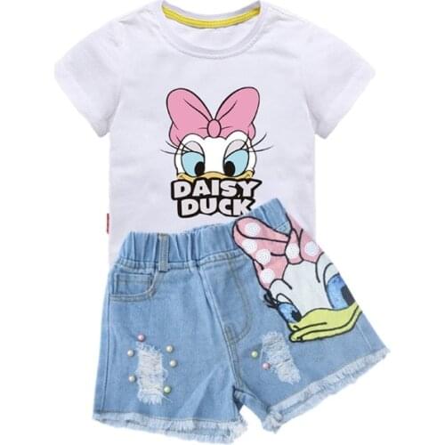 Disney Girls Outfits Cartoon Donald Duck Sets Printed Summer Shirt Broken Hole Denim Shorts Girl Clothing Set Children Clothes