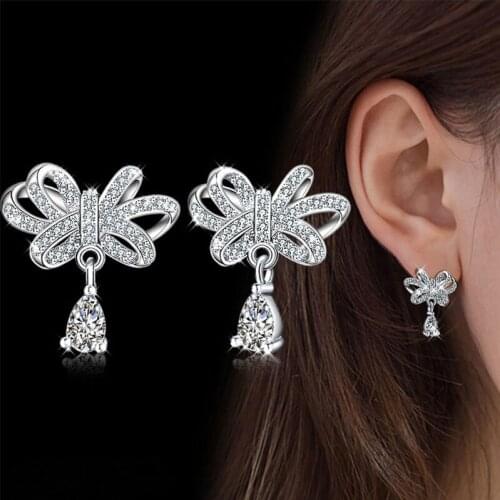 KOFSAC Top Quality Shiny Crystal CZ Bow-Knot Earring Fashion 925 Sterling Silver Stud Earrings For Women Party Ear Jewelry Gift