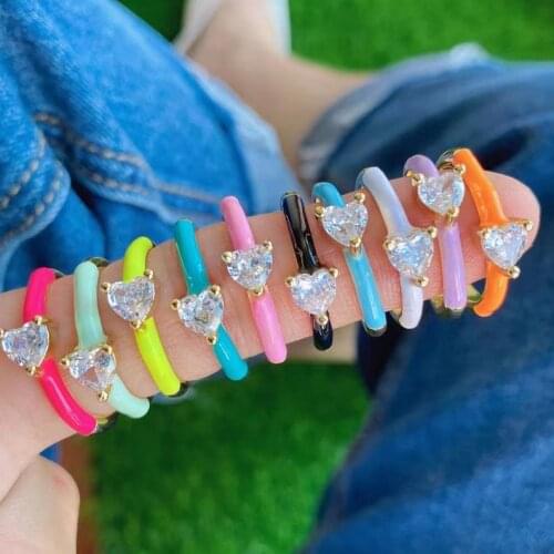 10Pcs, Women Fashion Neon Enamel Ring Gold Color CZ Lady Finger Ring Wedding Engagement Adjustable Jewelry
