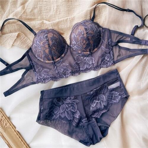Bra Sexy Lace Half Cup Thickened Gathered Soft Steel Ring Lingerie Retracted Nipple Anti-sagging Mid-Waist Panties Underwear Set