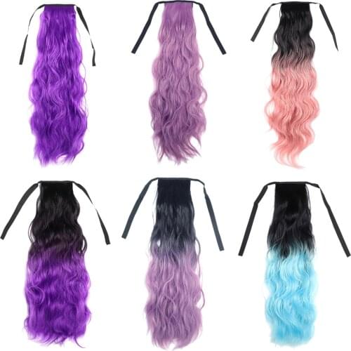 Ponytail Colorful Ombre Synthetic Ribbon Clip in Women Hair Extension Wavy Curly Hairpiece Pony Tail Blue Pink Purple Hairstyle
