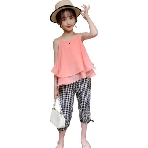 Girls Clothes Vest + Plaid Pants Costume For Girls Summer Girls Sets Casual Style Tracksuit Kids 6 8 10 12 14
