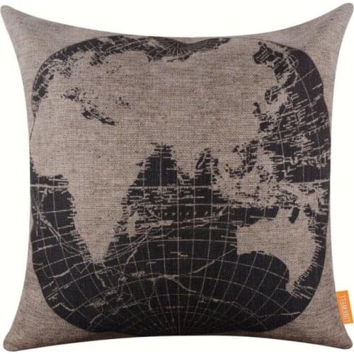 LINKWELL Pillow Case Burlap Cushion Cover 18x18 inch Vintage Black World Map Eastern Hemispheres Africa Asia Europe Australia