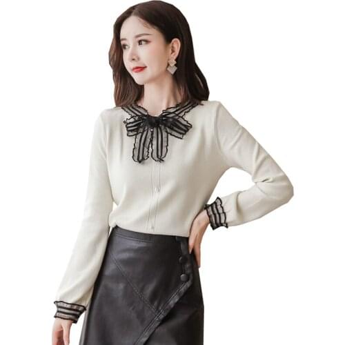 Fashion Spring Autumn women lace bowknot lacing stitching knitted Full-sleeve elegance lady casual knit shirt tops