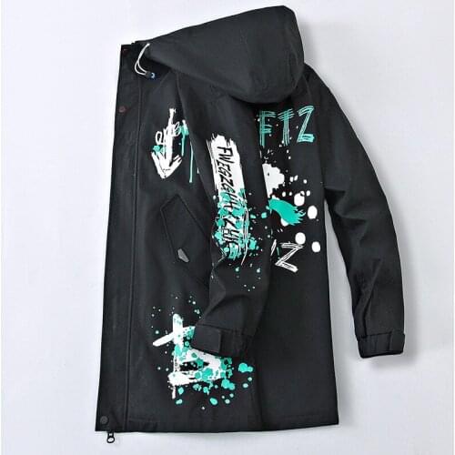 Men Hip Hop Streetwear Hooded Jacket Printed Cotton Casual Outwear Autumn Spring Long Windbreaker Coat Windproof Parkas Jacket
