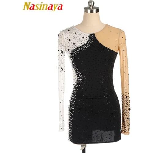 Nasinaya Figure Skating Dress Customized Competition Ice Skating Skirt for Girl Women Kids Performance Black White Glittering