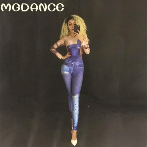New Sexy Women Fashion Jeans Prient Jumpsuit Sexy Skinny Stretch Stage Singer Dancer Performance Wear Costume