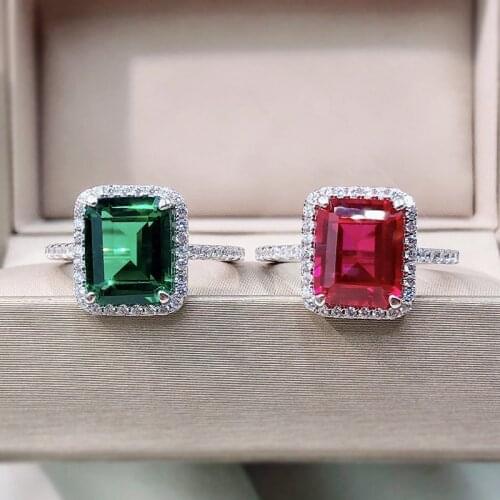 Real 925 Sterling Silver 8*10mm Emerald Wedding Rings For Women Sparkling High Carbon Diamond Party Fine Jewelry