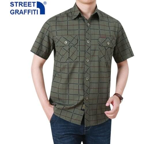 2021 Men Summer 100% Cotton Military Plaid Shirt Short Sleeve Cargo Shirts Men Spring Casual Single Breasted Business Shirt Men