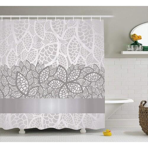 Grey Shower Curtain, Lace Inspired Flower Motifs Bridal Composition Stylized Leaves Wedding Theme