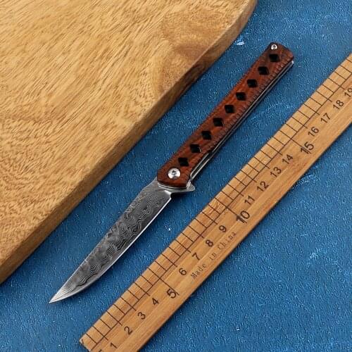 Damascus steel blade folding knife red sandalwood handle pocket outdoor camping survival self-defense EDC tool knife