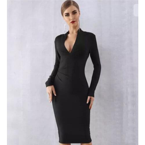 Sospebgy) Spring and autumn womens long-sleeved sexy V-neck hip Bodycon bandage dresses party club dress
