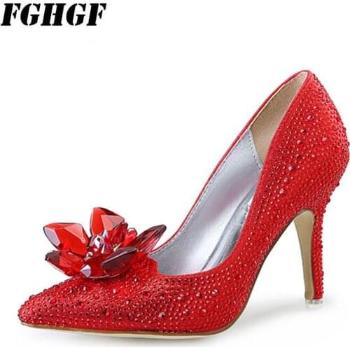 Wedding shoe diamond crystal shoe heel pointed red bride shoes black fashion bridesmaid silver single shoe heels champagne 34-43