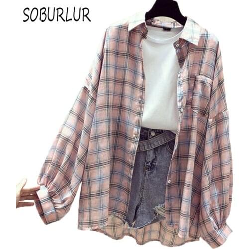 Mid-length Blouse Women Summer Korean Lattice Shirts Loose Long Sleeve Polo-neck Pocket Patchwork Blouses Plus Size Cotton Tops