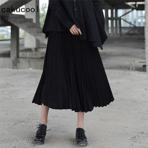 Cakucool New Black Pleated Skirt Women High Waist Gothic Darkness All Match Maxi Skirts Autumn Winter