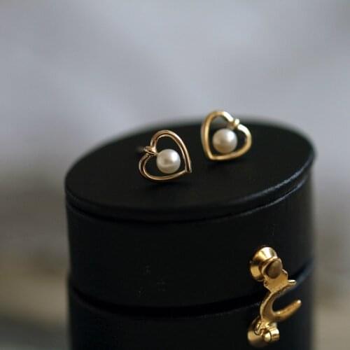 GOLDtutu Korean Elegant Cute Pearl Heart Pure 9K GOLD Fresh Water Pearl Stud Earrings For Women Girls Fashion Metal Jewelry