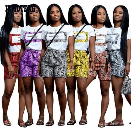 INMOTENG Snakeskin Print Casual Two Piece Set Letters Print Short Sleeve Women T Shirt Top Bow Tie Waist Shorts Fashion Outfits
