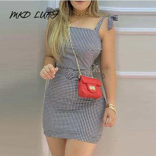 Tied Shoulder Plaid Mini Dress with Waist Belt Women
