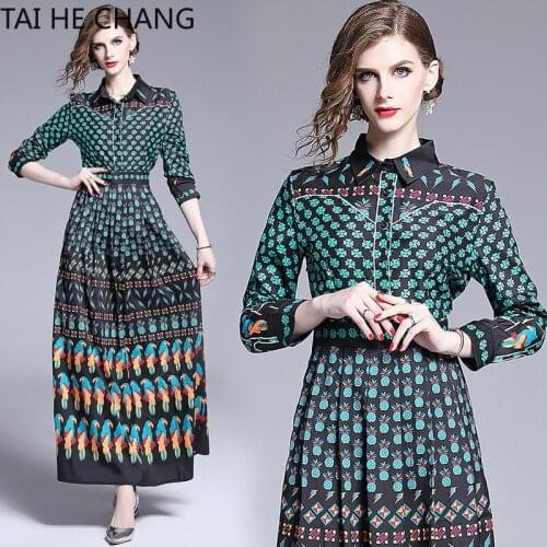 Women Dress New Fashion Retro Spring Summer Elegant Slim Bodycon Vintage Party Runway Print Shirt Office Work Maxi Dresses