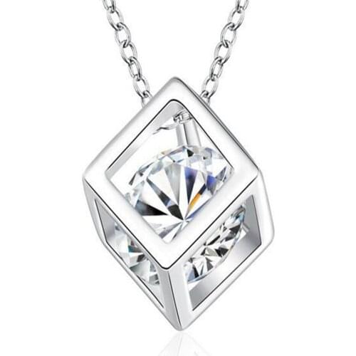 925 Sterling Silver colorNecklaces & Pendants Crystal Box Cube Rhinestones Necklace For Women Sterling Silver colorJewelry