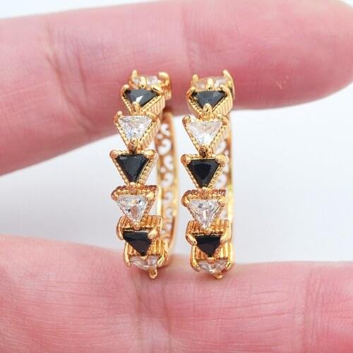Gold Color Women Fashion White Black Cubic Zirconia CZ Triangle Huggie Hoop Earrings Jewelry
