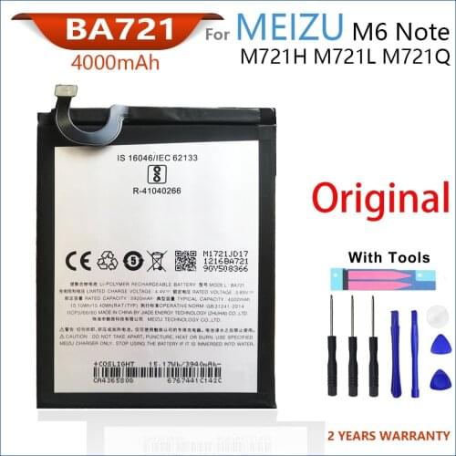 100% Genuine BA721 Battery For Meizu Meilan Note 6 M6 4000mAh Mobile Phone High Quality Batteries Bateria With Tools